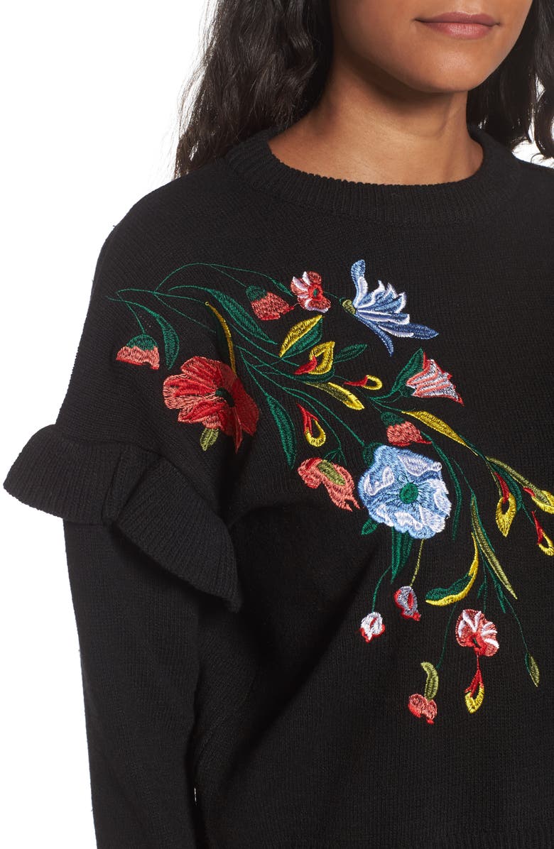 Woven Heart Ruffle Sleeve Embroidered Sweater, Alternate, color, 