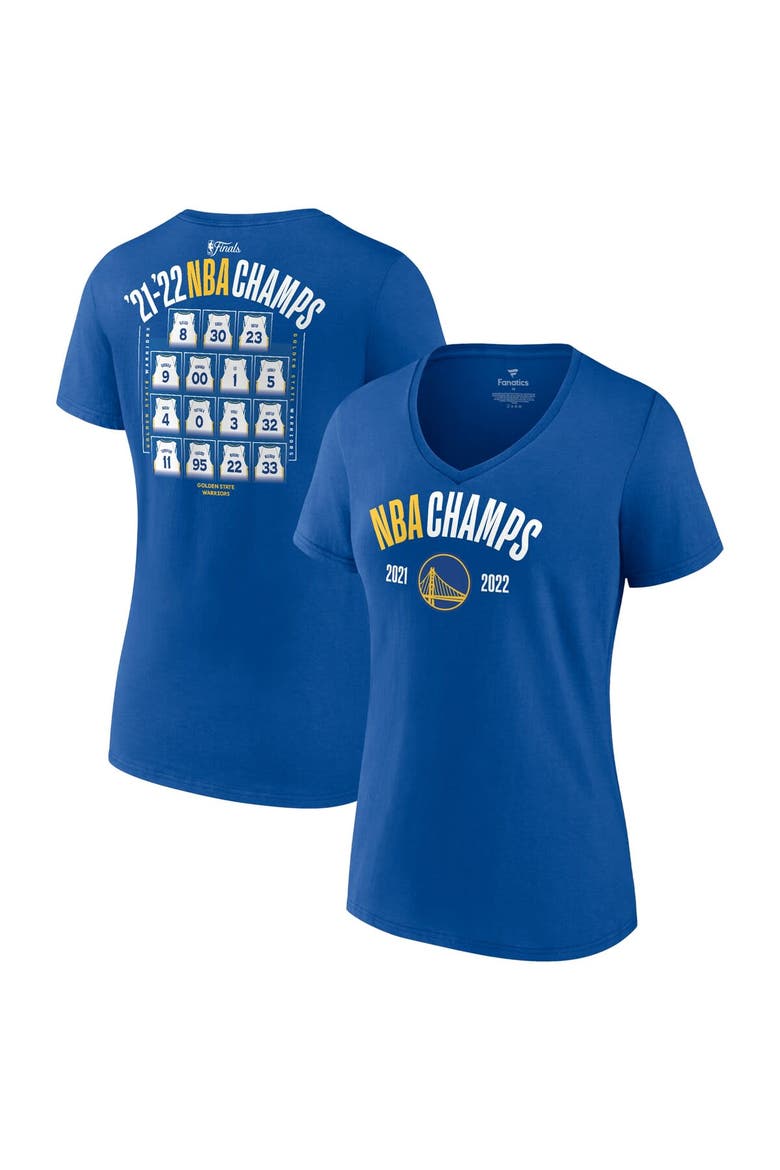 Women's Fanatics Branded Royal Golden State Warriors 2022 NBA Finals Champions Final Buzzer Jersey Roster V-Neck T-Shirt, Main, color, Royal