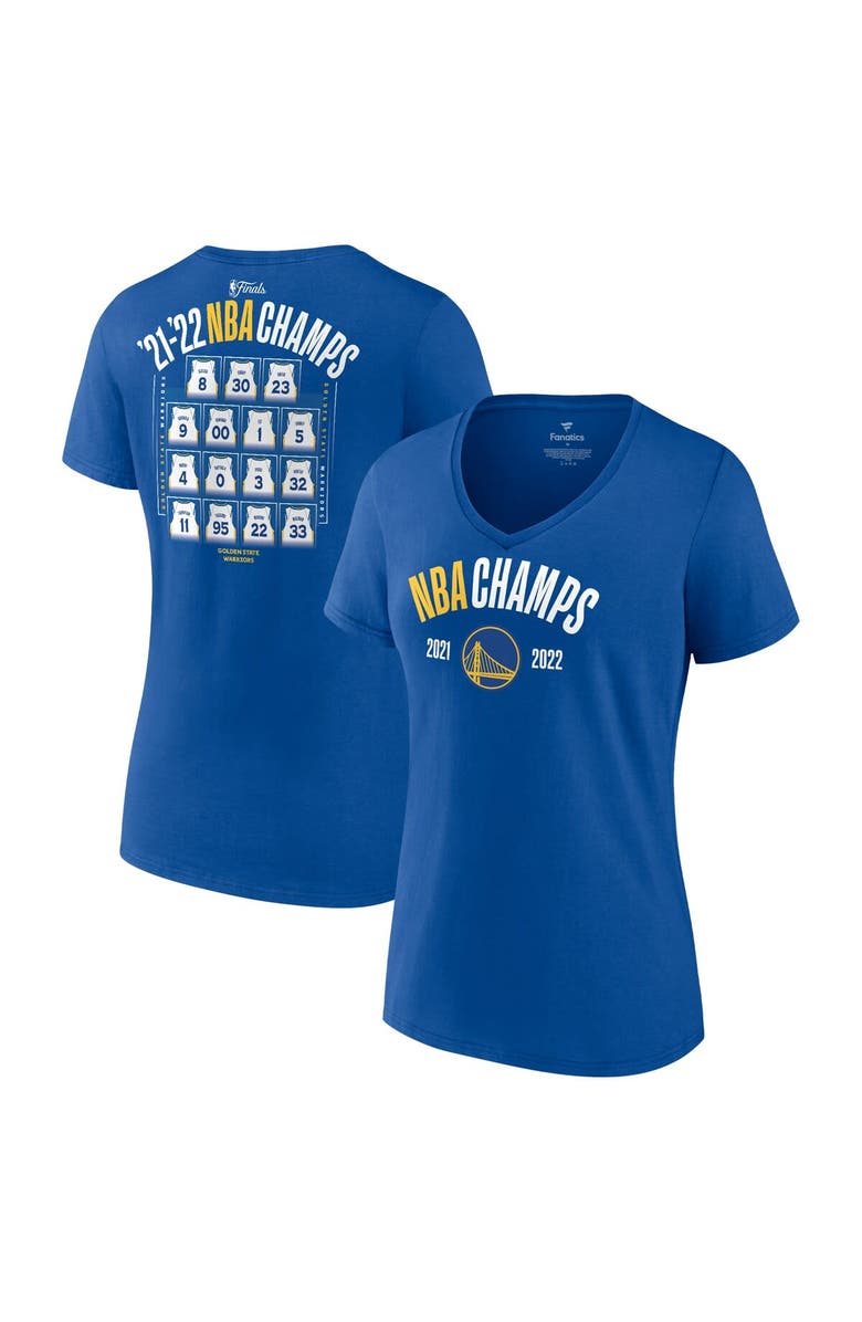 FANATICS Women's Fanatics Branded Royal Golden State Warriors 2022 NBA Finals Champions Final Buzzer Jersey Roster V-Neck T-Shirt, Main, color, 
