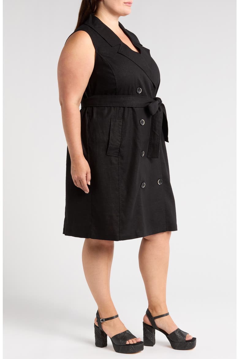 Tie Belt Sleeveless Double Breasted Yarn Dyed Jersey Trench Cocktail Dress, Alternate, color, BLACK
