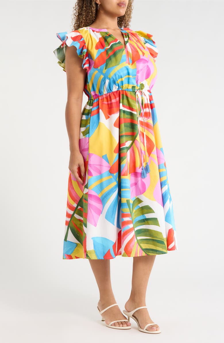 SUGARLIPS Breezy Palms Tiarna Flutter Sleeve Tie Waist Midi Dress, Alternate, color, White Red Green