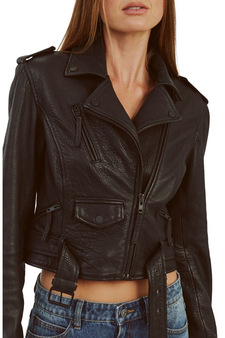 Crop Leather Moto Jacket, Alternate, color, BLACK
