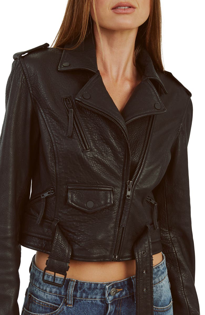 Bardot Crop Leather Moto Jacket, Alternate, color, Black