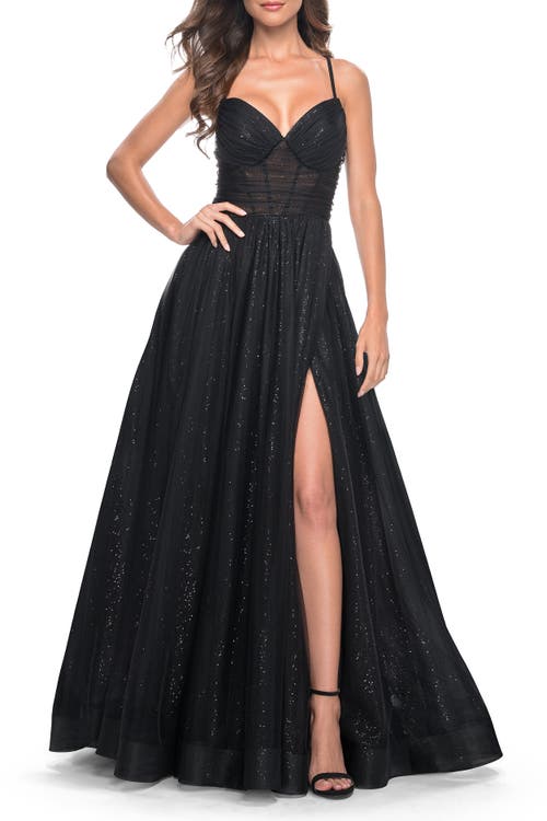 La Femme A-line Prom Dress With Sequin Lining And Illusion Top In Black