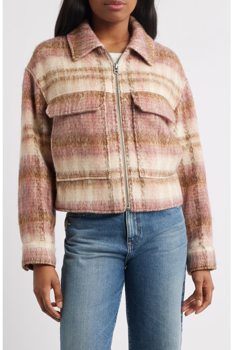 Zip Front Crop Jacket, Main, color, GREY PINK PLAID