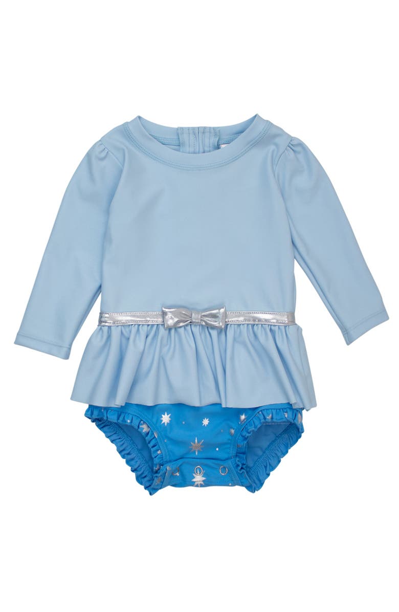 RuffleButts Baby Girls UPF50+ Princess Long Sleeve Bow Skirted One Piece Swimsuit, Main, color, Crystal Blue Princess