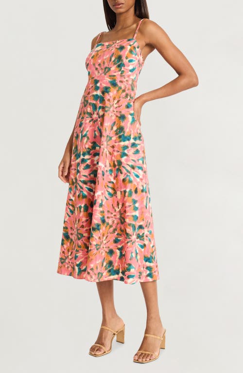 Shop The Good Journey Print Smocked Back Sleeveless Midi Dress In Pink/green