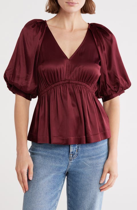 Shirred Puff Sleeve Satin Top