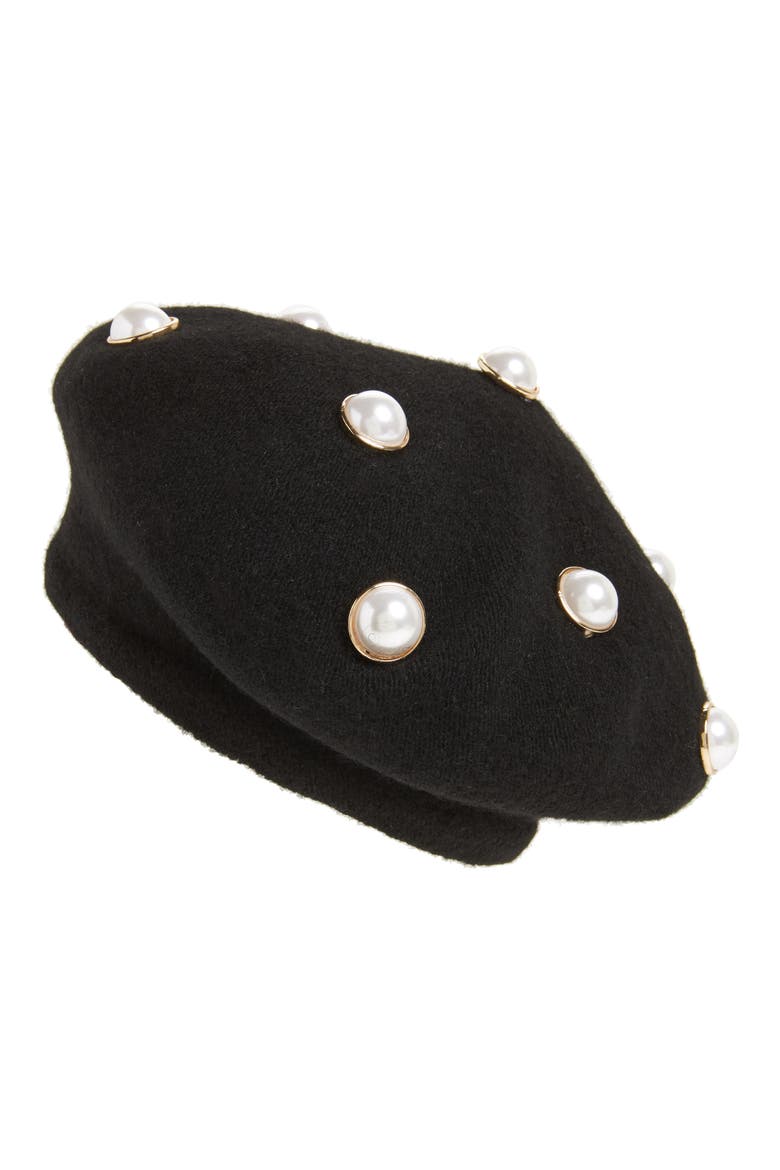 Imitation Pearl Embellished Beret, Main, color, BLACK