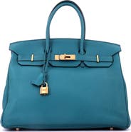 Pre-Owned Hermes Birkin Handbag Blue Clemence with Gold Hardware 35