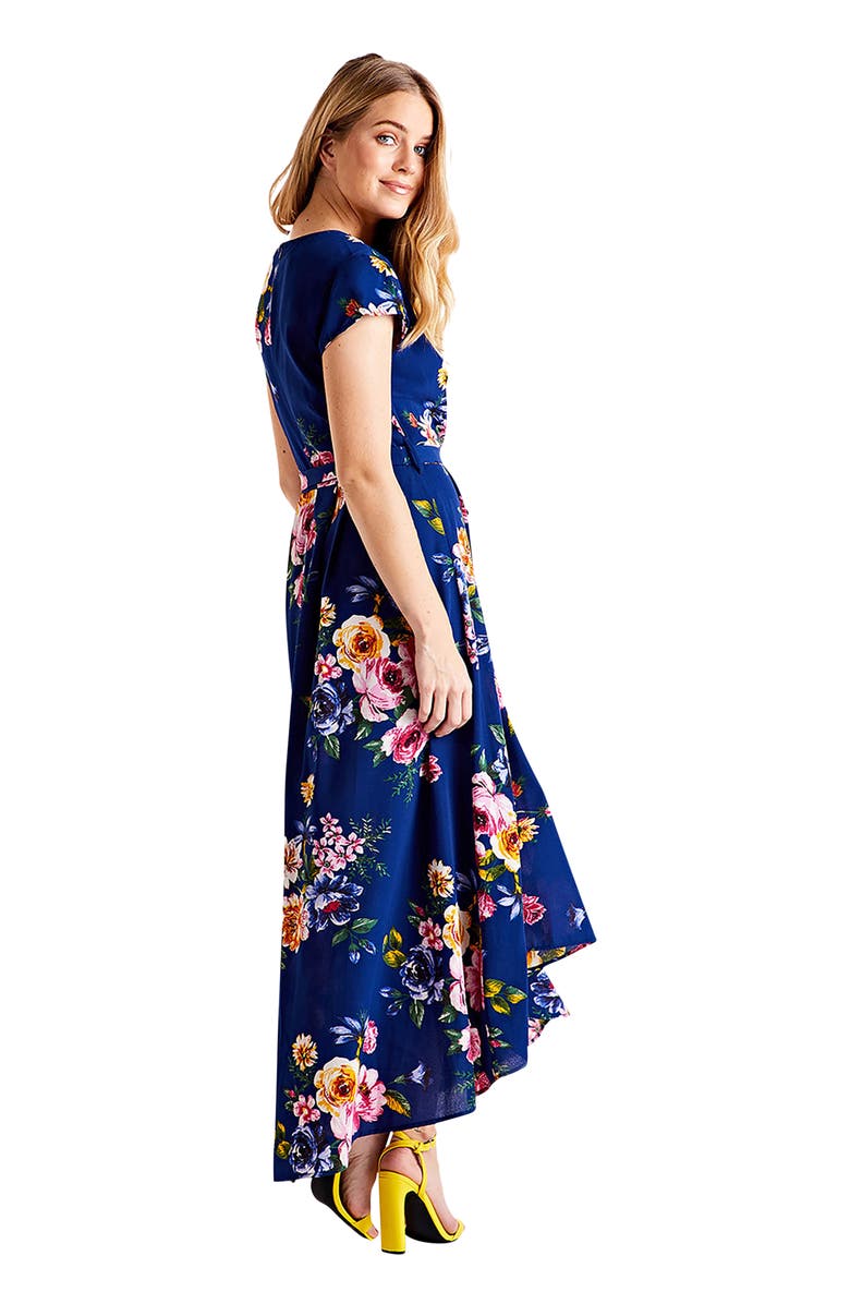 Yumi Floral Print Dipped Hem Wrap Midi Dress, Alternate, color, Navy