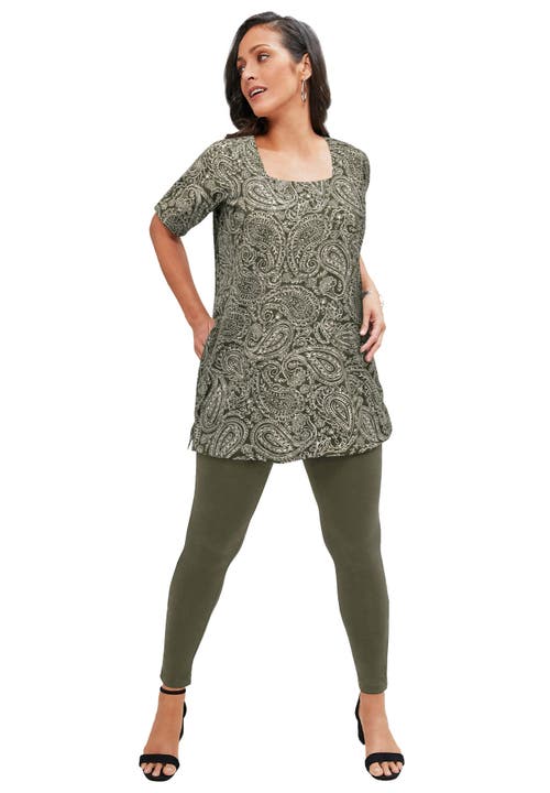 Jessica London Stretch Cotton Square Neck Tunic In Green