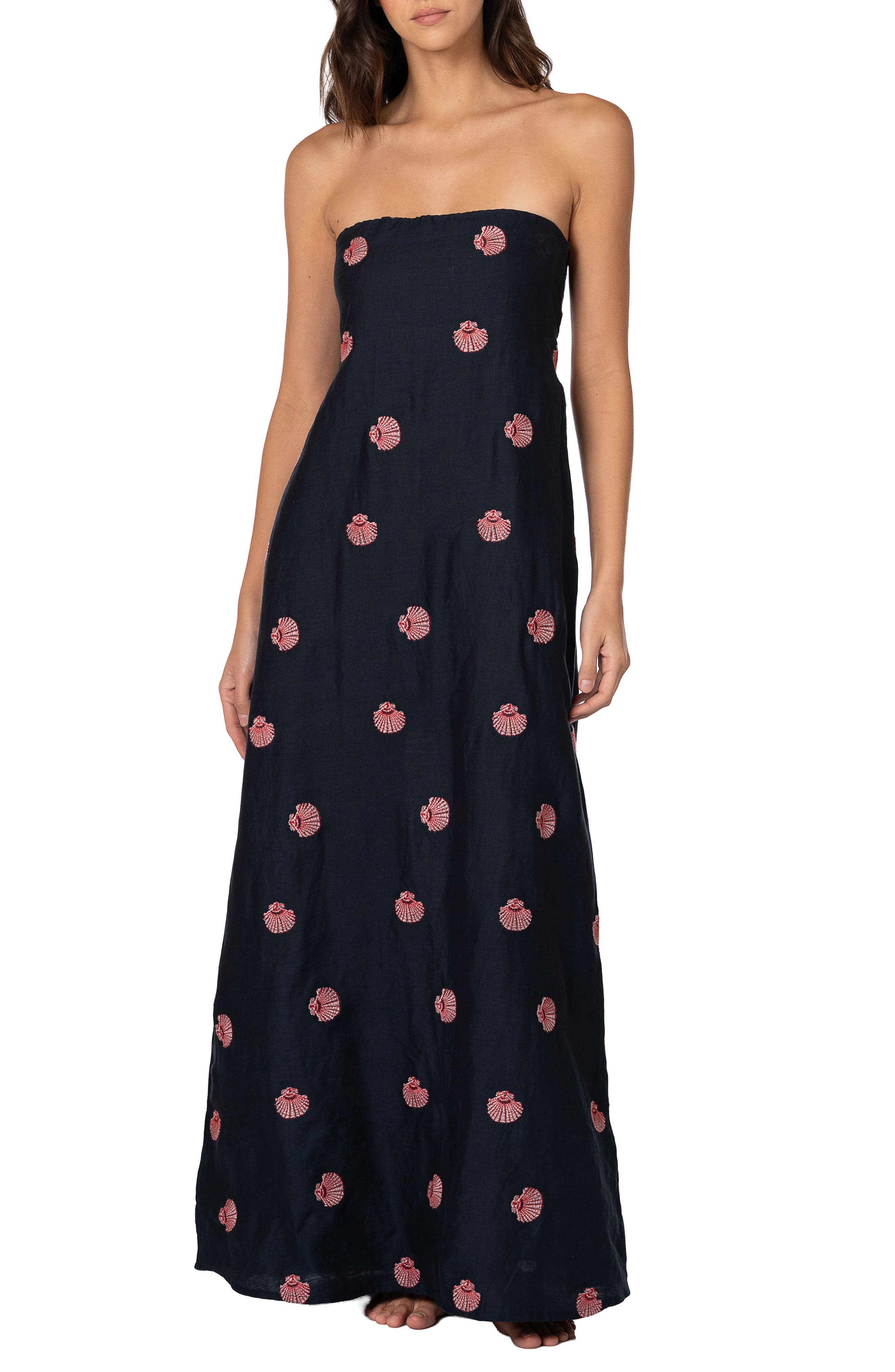 Crimson Strapless Linen Maxi Cover-Up Dress