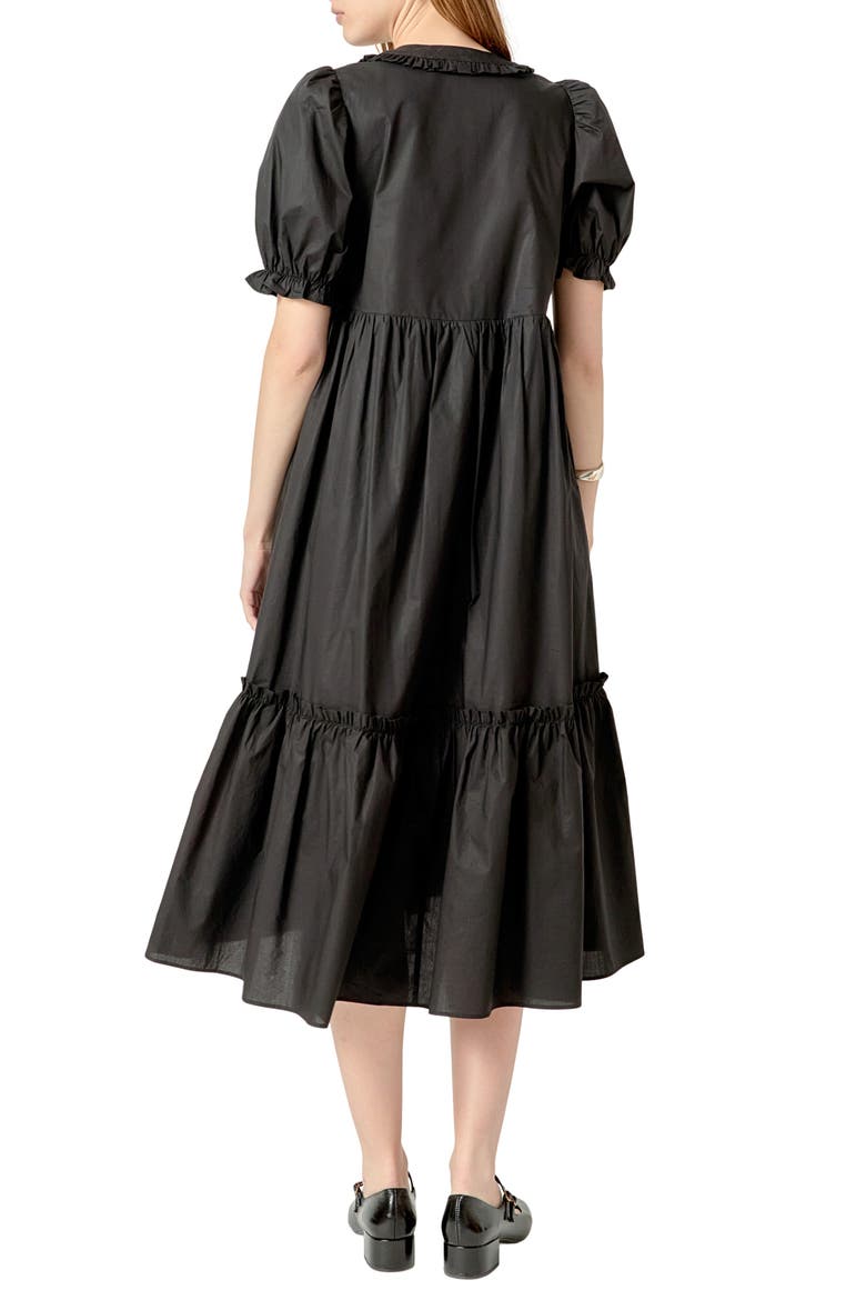 Puff Sleeve Empire Waist Tiered Cotton Midi Dress, Alternate, color, BLACK