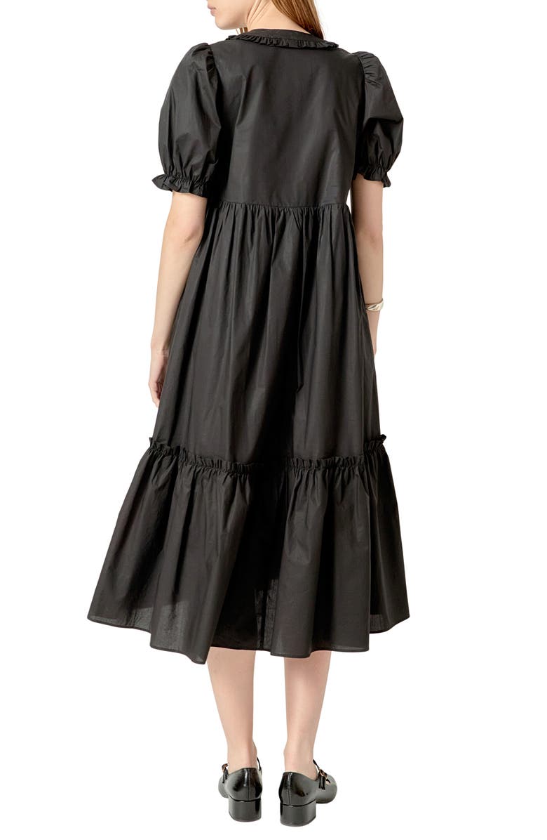 English Factory Puff Sleeve Empire Waist Tiered Cotton Midi Dress, Alternate, color, Black