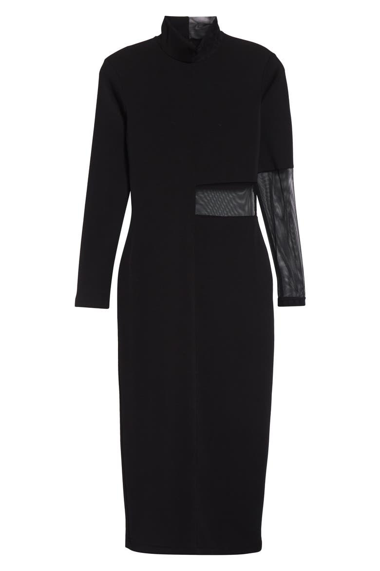 Ezereen Sheer Detail Long Sleeve Midi Dress, Alternate, color, BLACK