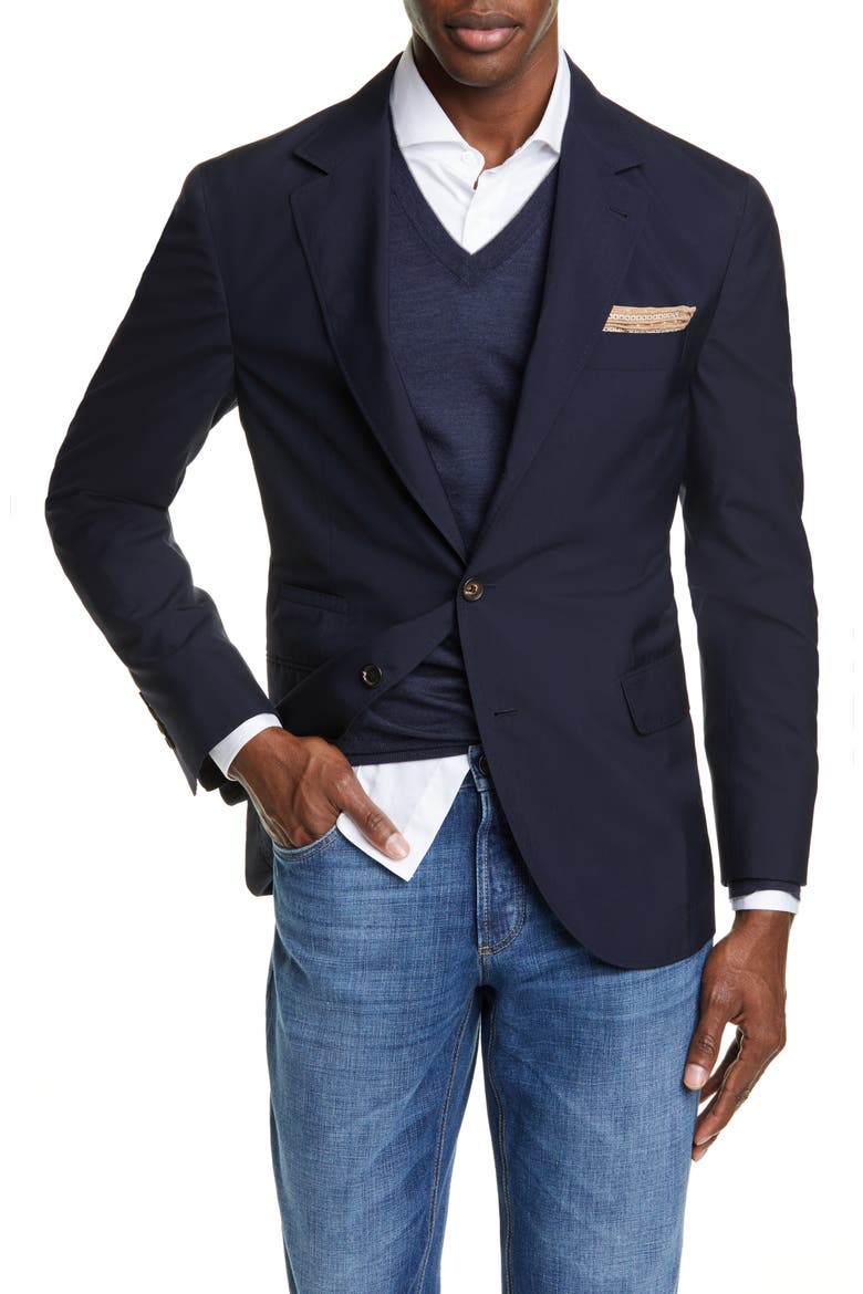 Trim Fit Solid Wool & Silk Travel Blazer, Main, color, NAVY