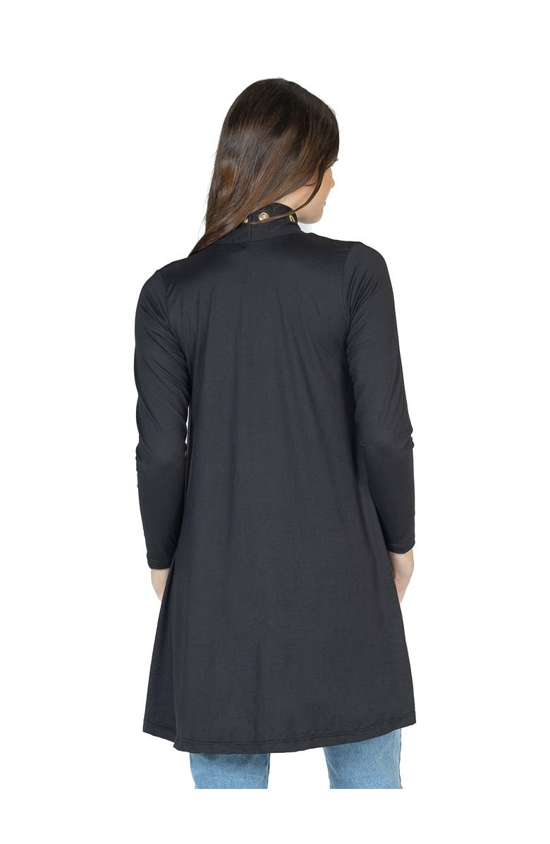 24seven Comfort Apparel Long Sleeve Mid Thigh Open Front Cardigan with Grommet Details, Alternate, color, Black