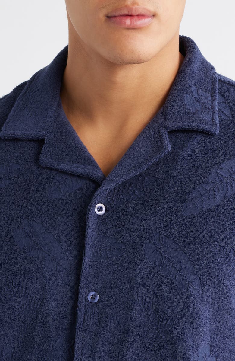 Majestic International Shadow Hibiscus Cotton Blend Terry Cloth Camp Shirt, Alternate, color, Navy Hibiscus
