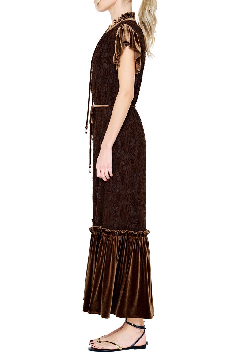 Hilma Velvet Trim Lace Maxi Dress, Alternate, color, BROWN