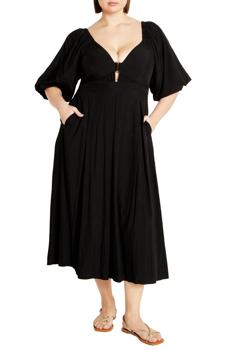 City Chic Shae Keyhole Detail Balloon Sleeve Midi Dress, Main, color, 