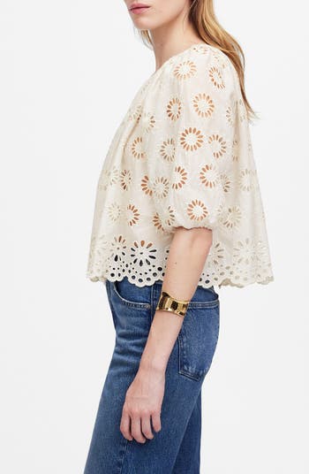 Embroidered Shirred Puff Sleeve Top
