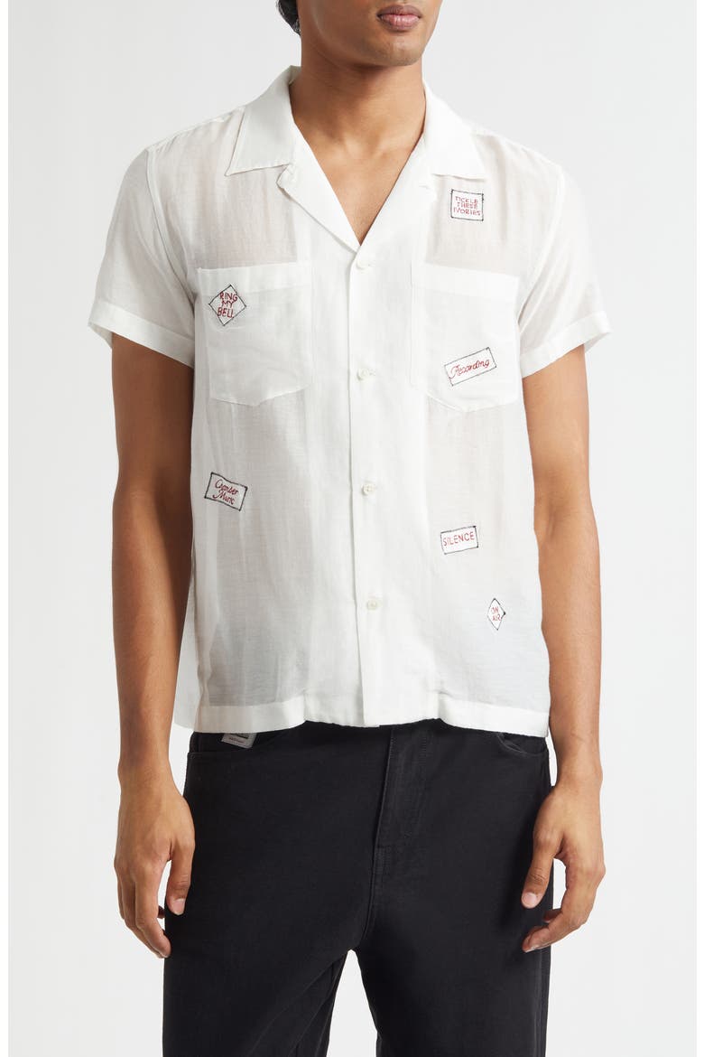 On Air Embroidered Short Sleeve Cotton & Silk Button-Up Shirt, Main, color, WHITE