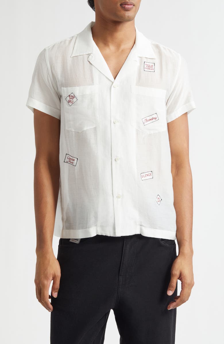 Bode On Air Embroidered Short Sleeve Cotton & Silk Button-Up Shirt, Main, color, White