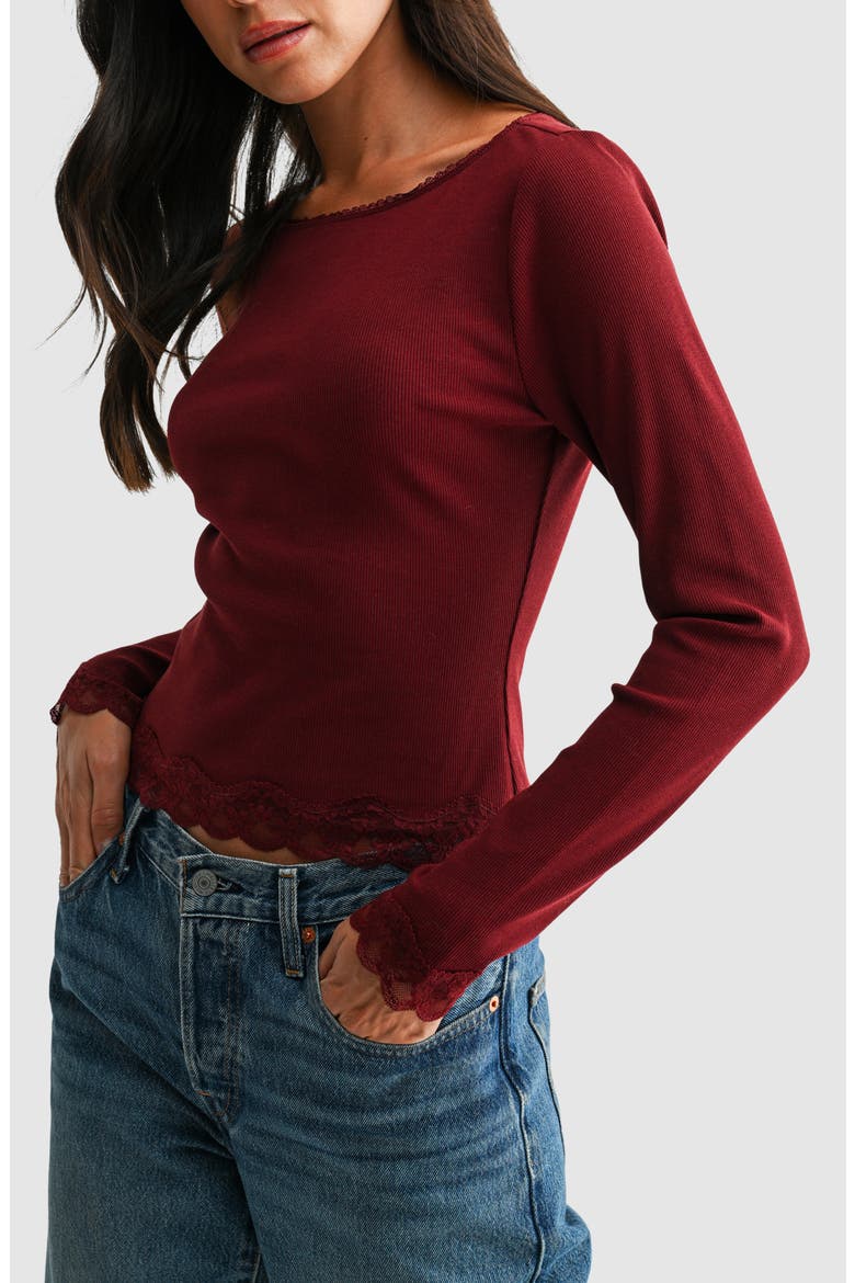Lace Trim Long Sleeve Knit Top, Alternate, color, BURGUNDY