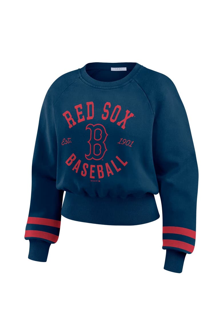 Women's WEAR by Erin Andrews  Navy Boston Red Sox Vintage Washed Cropped Pullover Sweatshirt, Alternate, color, Navy