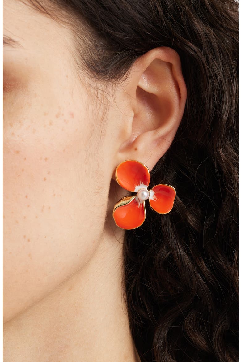 Painted Pansy Stud Earrings, Alternate, color, CORAL- GOLD