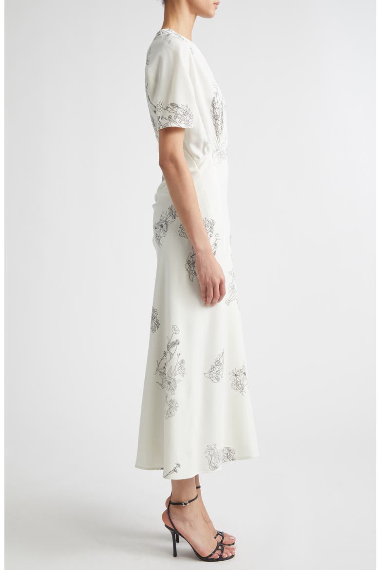 Gathered Detail Floral Stretch Cady Midi Dress, Alternate, color, OFF WHITE BLACK