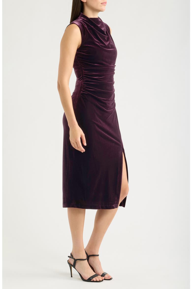 High Cowl Neck Ruched Velvet Sheath Midi Dress, Alternate, color, MAR