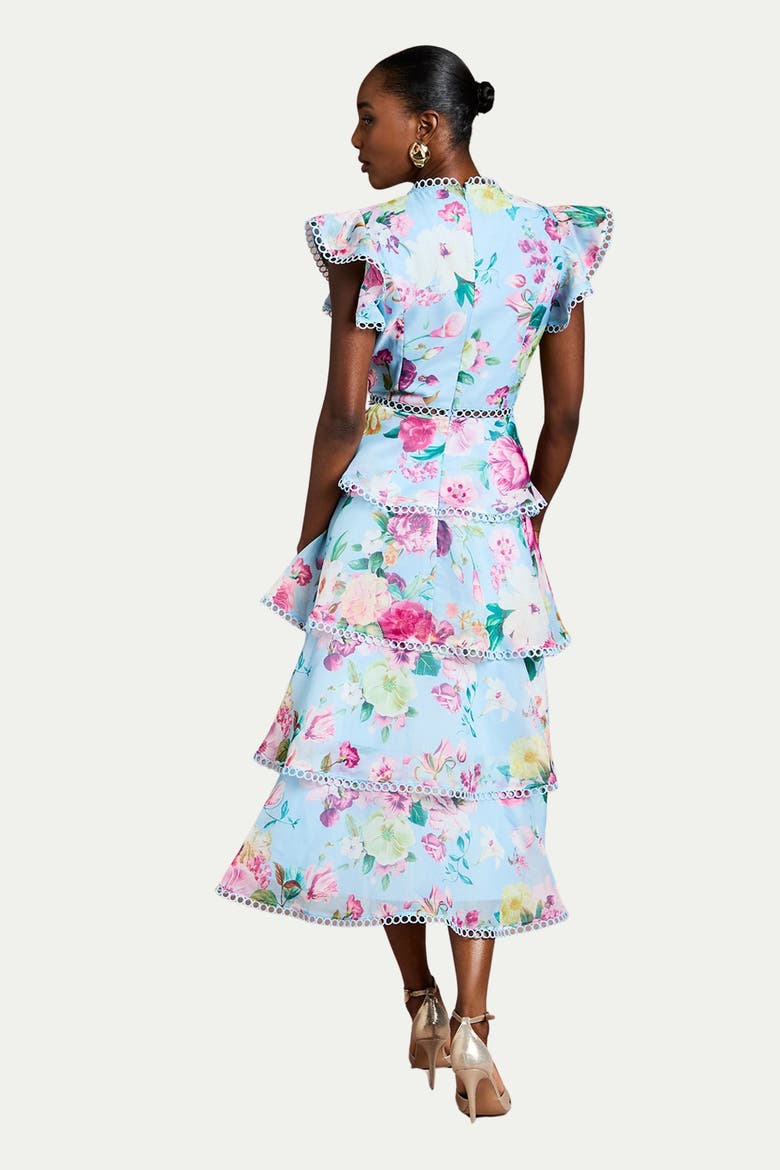 Lace Trim Tiered Organza Midi Dress, Alternate, color, Pale Blue