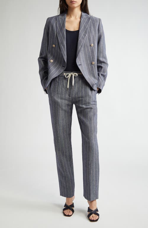 Eleventy Pinstripe Drawstring Waist Cotton & Linen Pants In Blue