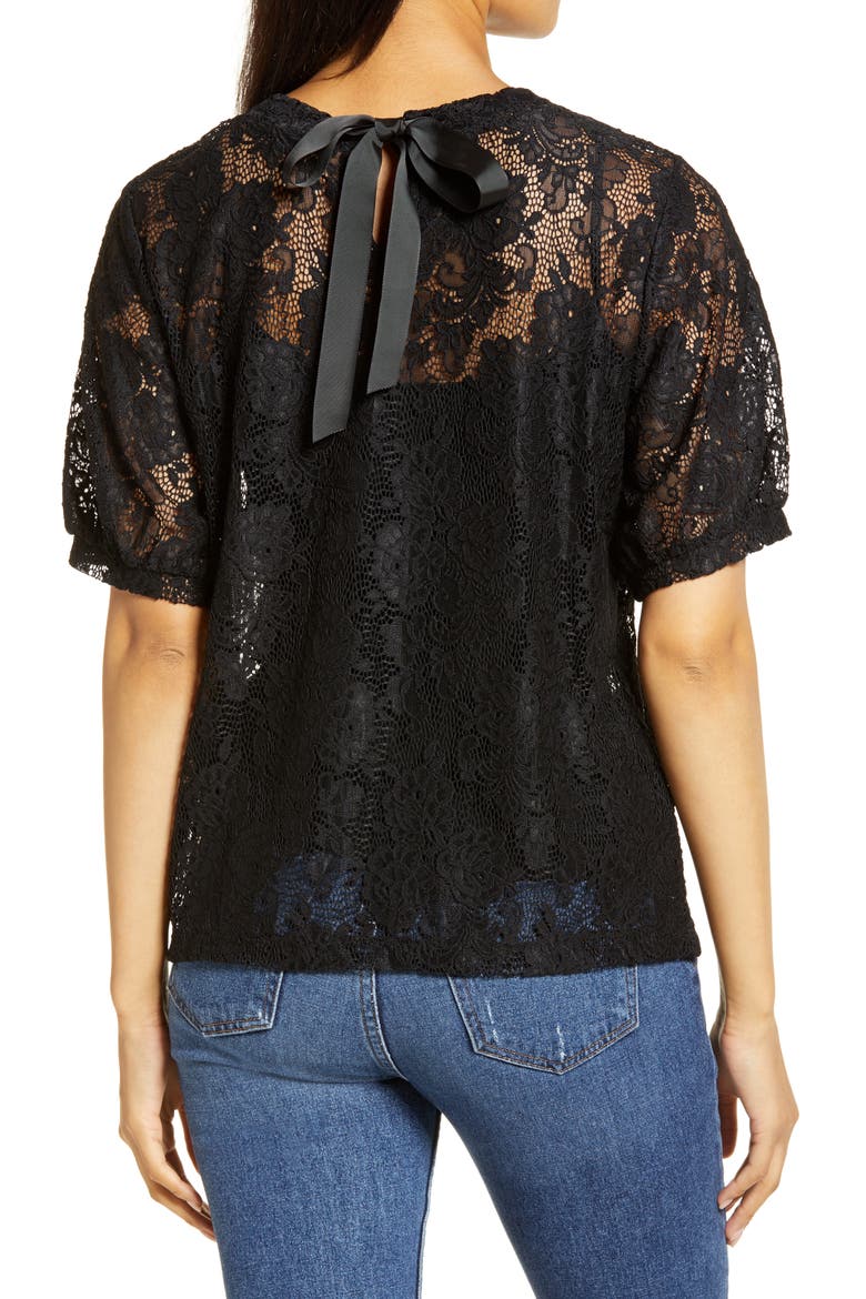 Grosgrain Tie Back Lace Top, Alternate, color, BLACK