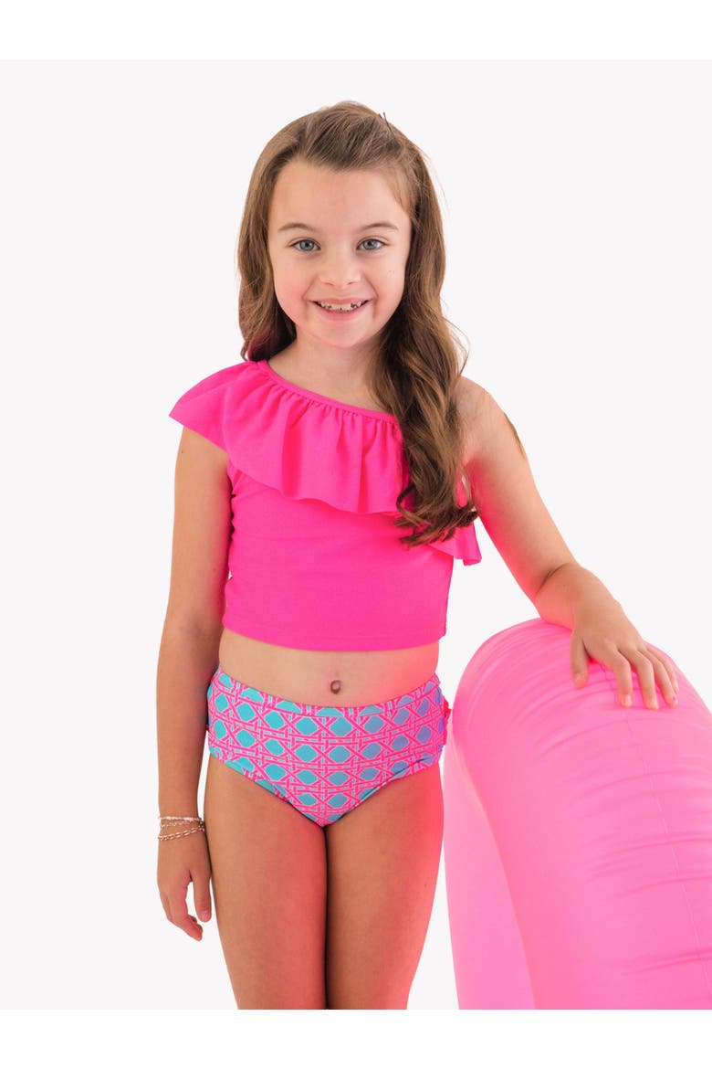 Girls One Shoulder Ruffle UPF50+ Tankini, Alternate, color, Neon Sorbet Cane