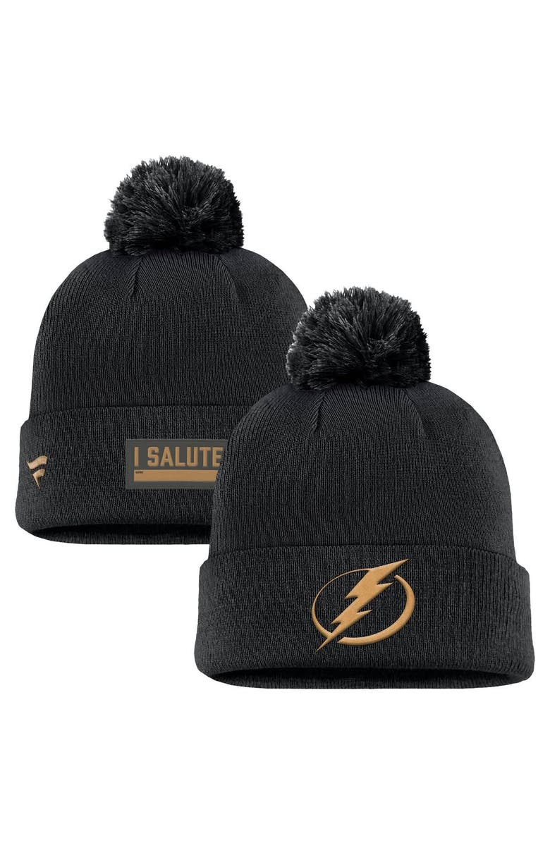 FANATICS Men's Fanatics Black Tampa Bay Lightning Military Appreciation Cuffed Knit Hat with Pom, Main, color, 