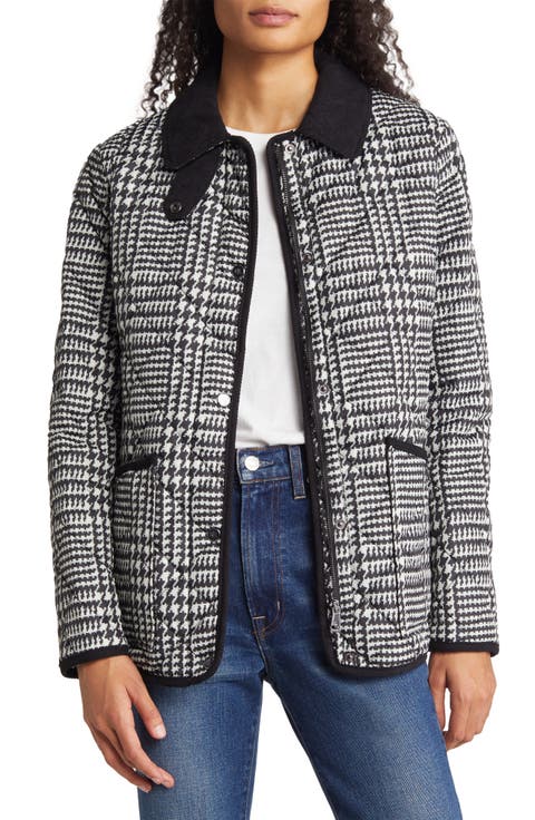 Houndstooth Plaid Quilted Corduroy Collar & Trim Jacket