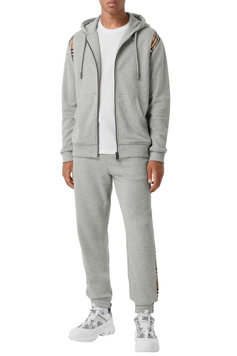 Check Panel Cotton Hoodie, Alternate, color, PALE GREY MELANGE