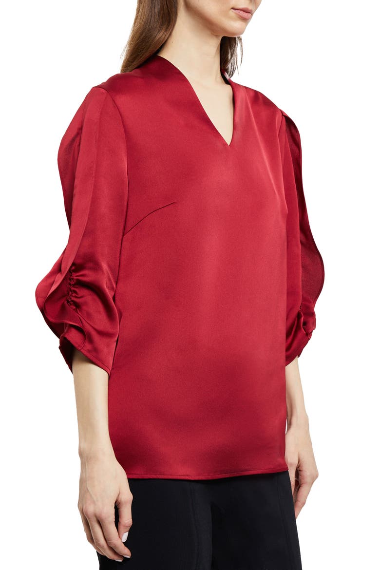 Ruched Sleeve Crepe Top, Alternate, color, SCARLET RED