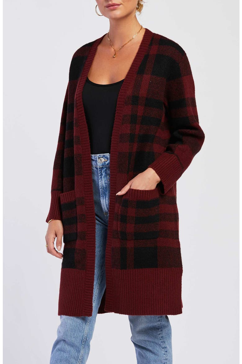 Delaine Plaid Mid Length Cardigan, Alternate, color, MERLOT BLACK PLAID