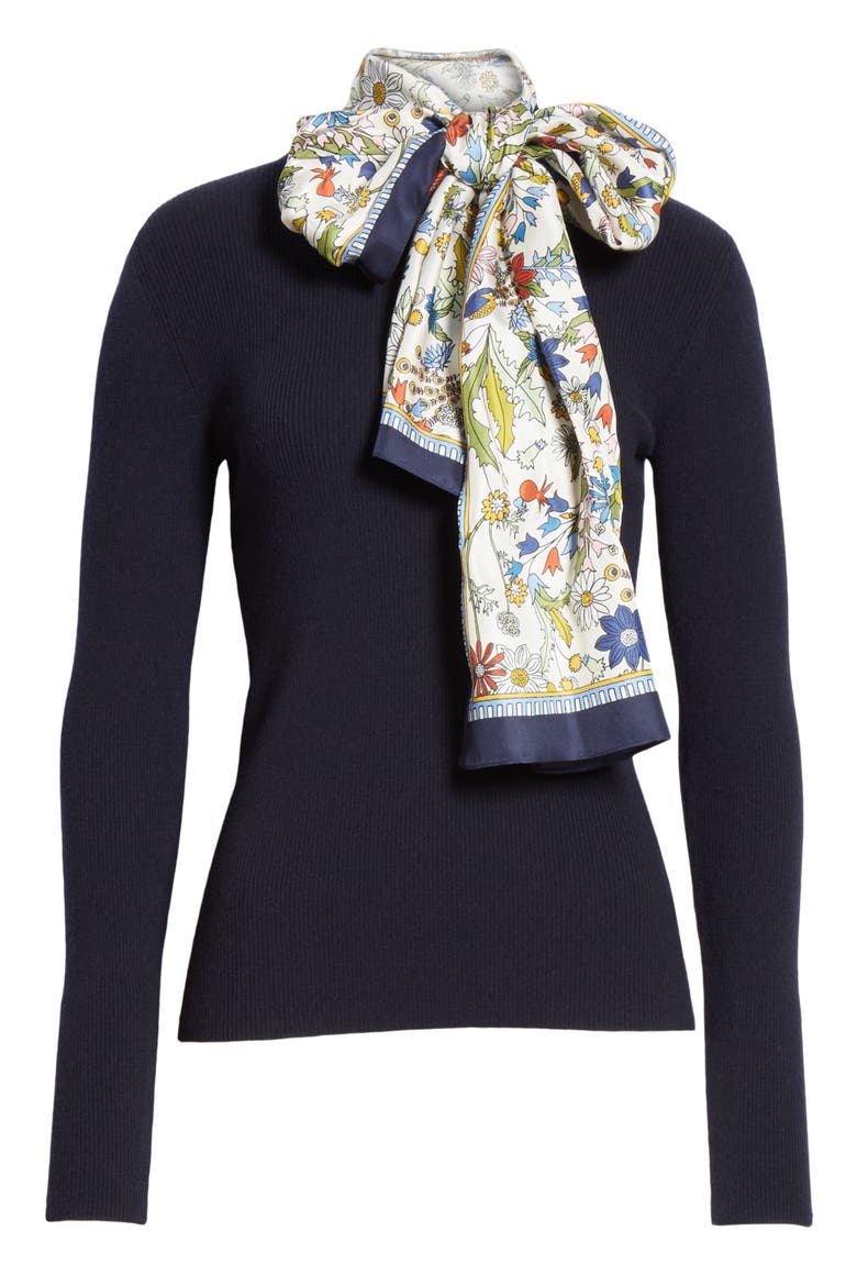 Laura Rib Knit Sweater & Silk Scarf, Alternate, color, TORY NAVY