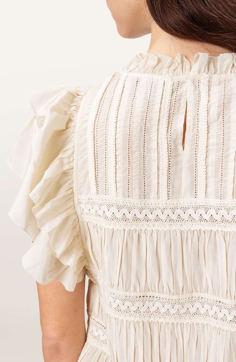 AllSaints Harriet Lace Trim Shirred Flutter Sleeve Peplum Top, Alternate, color, Dove White