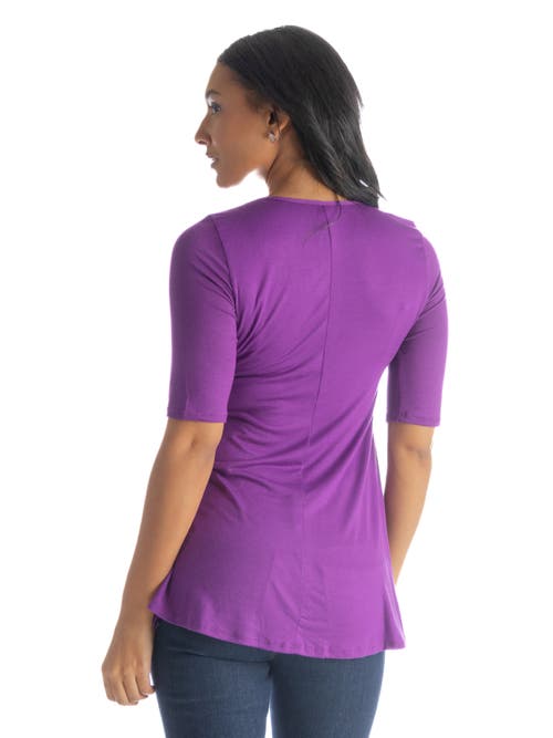 24seven Comfort Apparel Petite Elbow Sleeve Swing Crew Neck Tunic Top In Purple