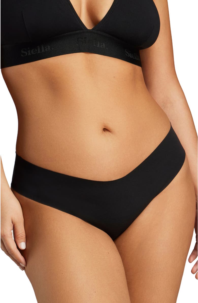 Siella Organic Cotton No-Show Thong, Main, color, Black