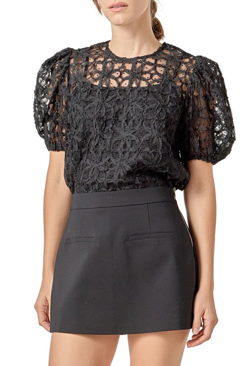 Floral Texture Puff Sleeve Top, Alternate, color, BLACK