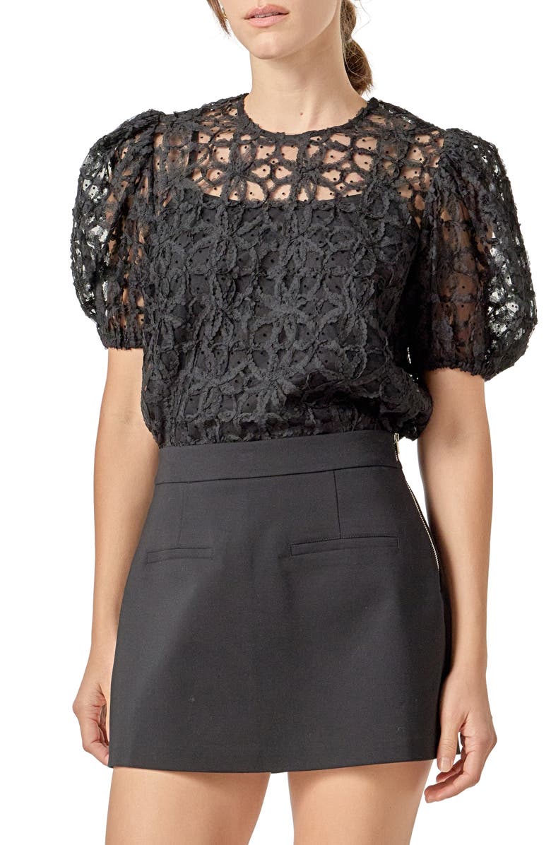 English Factory Floral Texture Puff Sleeve Top, Alternate, color, Black