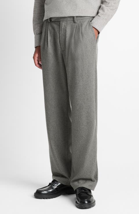 Double Pleated Heathered Grey Wool Blend Flannel Suit Pants