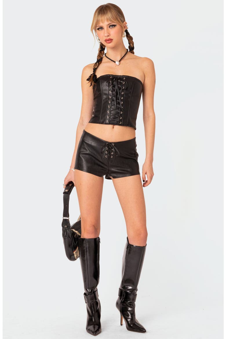 Wilde Faux Leather Lace-Up Strapless Corset Top, Alternate, color, BLACK
